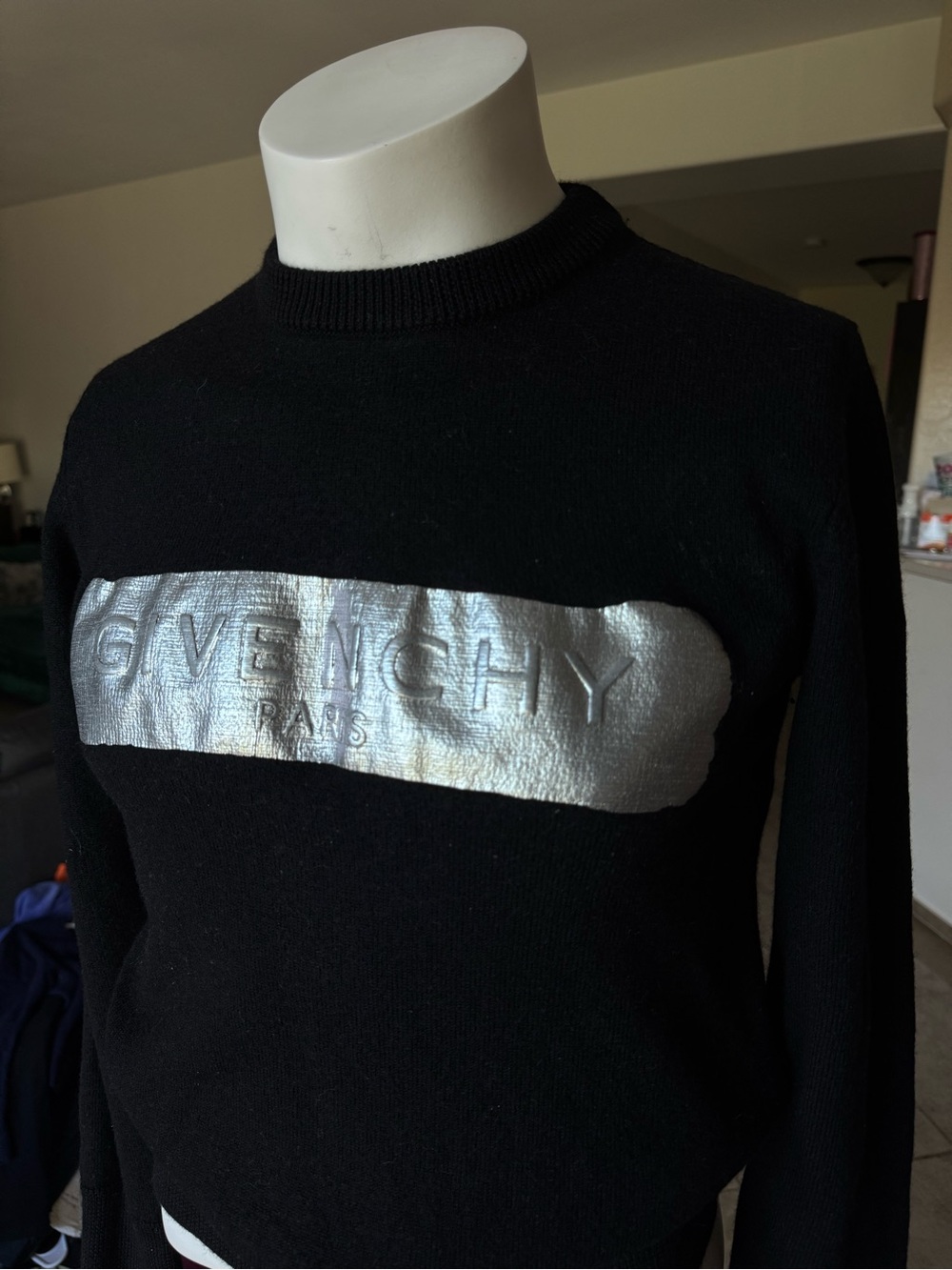 Givenchy Black Crewneck Sweater with Silver Logo Band